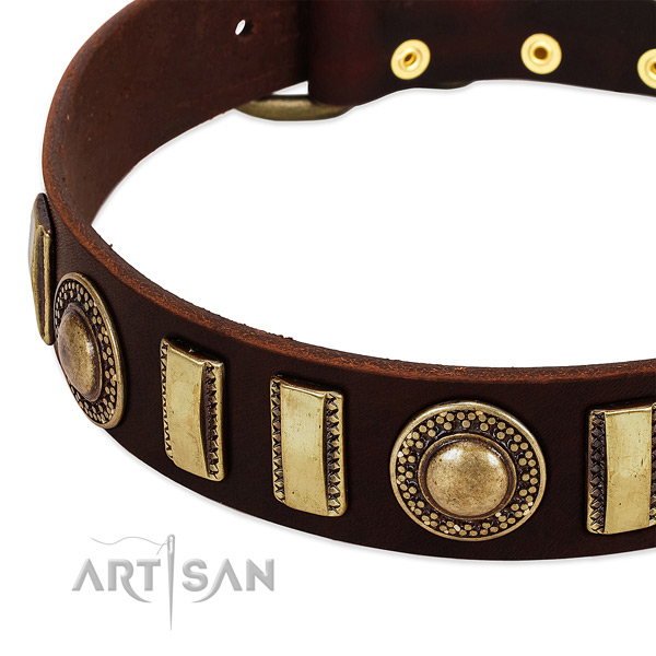 Soft to touch leather dog collar with corrosion proof traditional buckle