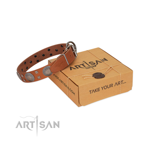 Durable hardware on genuine leather dog collar for fancy walking