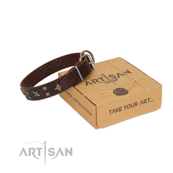 Reliable full grain genuine leather dog collar with strong hardware