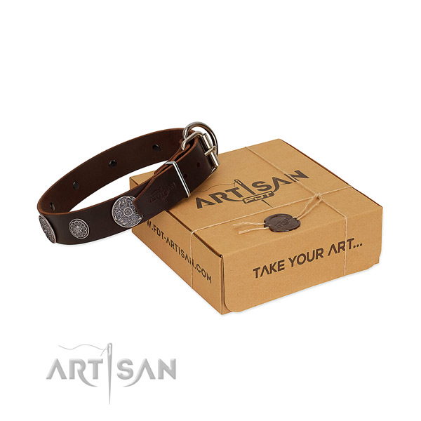 Easy wearing reliable full grain leather dog collar with embellishments