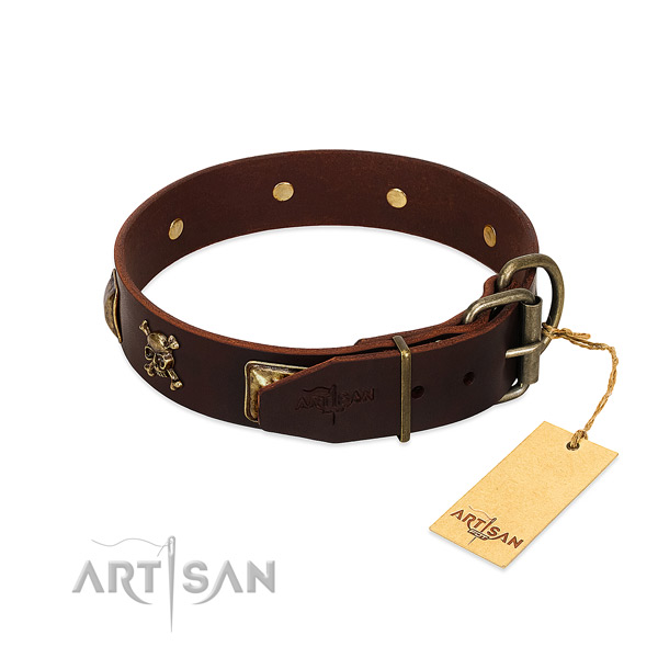 Flexible genuine leather dog collar with unusual adornments