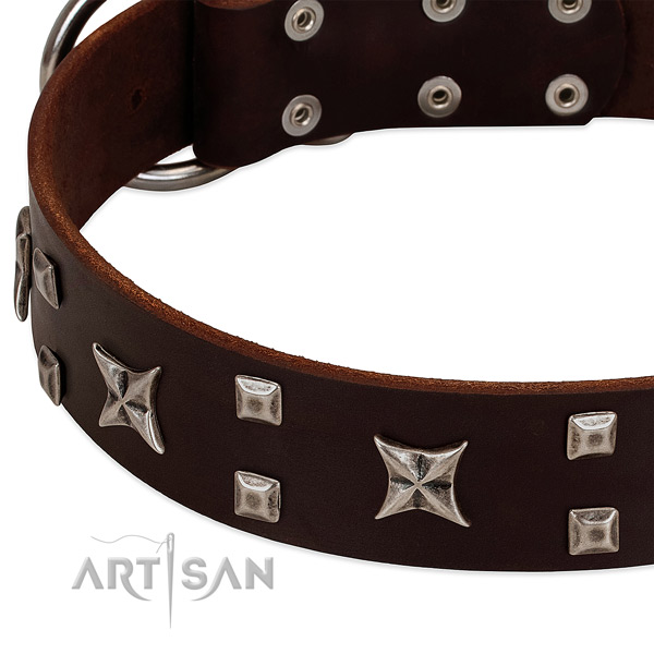Gentle to touch natural leather dog collar with decorations for everyday use