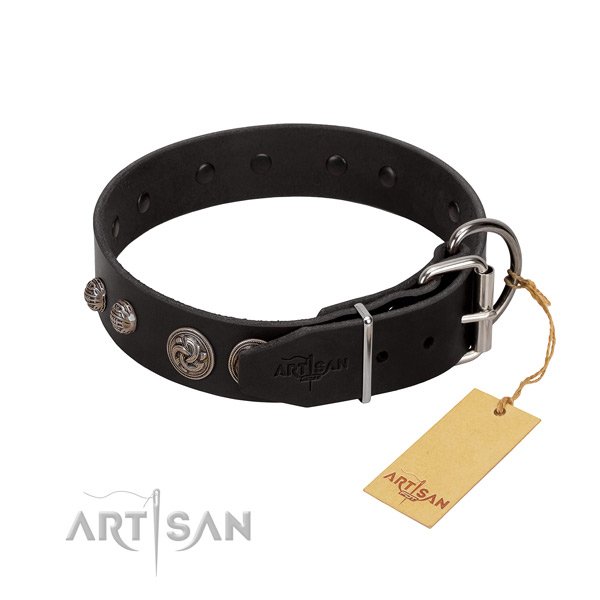 Durable full grain natural leather dog collar with embellishments
