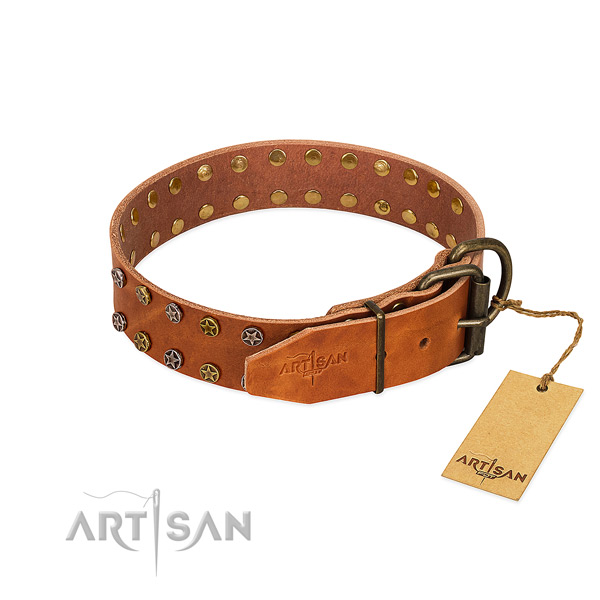 Stylish walking genuine leather dog collar with trendy decorations