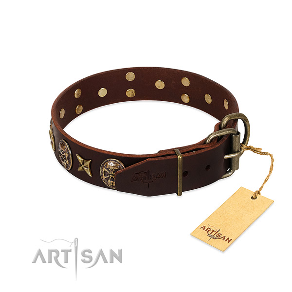 Strong traditional buckle on genuine leather dog collar for your canine