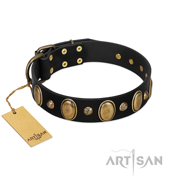 Full grain natural leather dog collar of top rate material with significant studs