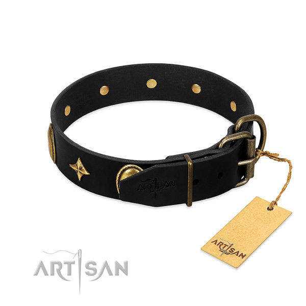 Strong natural leather dog collar with rust-proof decorations