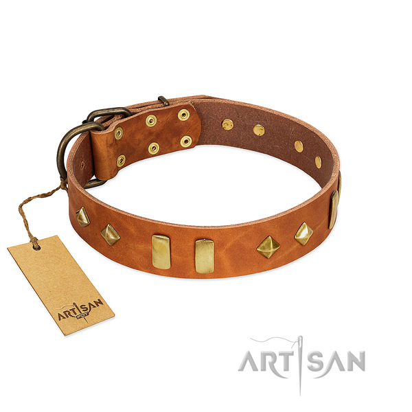 Comfortable wearing reliable full grain genuine leather dog collar with adornments