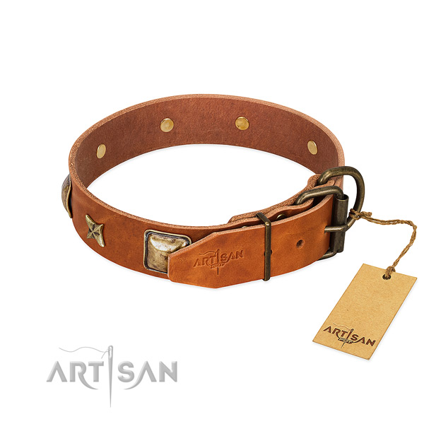 Full grain leather dog collar with reliable traditional buckle and adornments