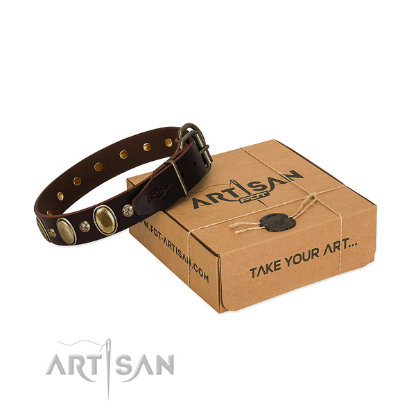 Rust resistant buckle on full grain leather dog collar for easy wearing