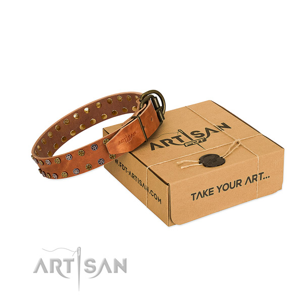 Comfy wearing gentle to touch full grain genuine leather dog collar with decorations