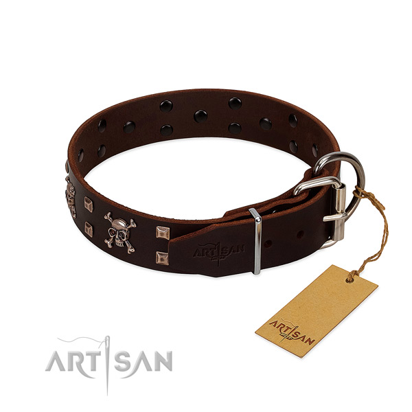 Handy use top notch natural leather dog collar with decorations