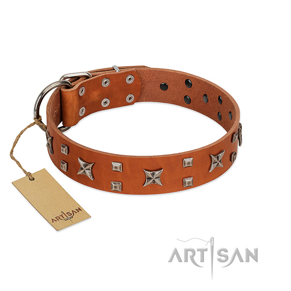 Soft leather dog collar with decorations for handy use