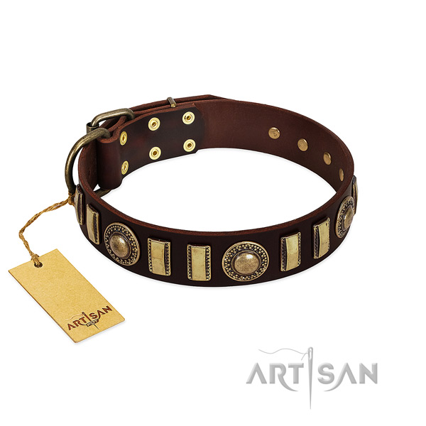 Strong full grain genuine leather dog collar with durable fittings