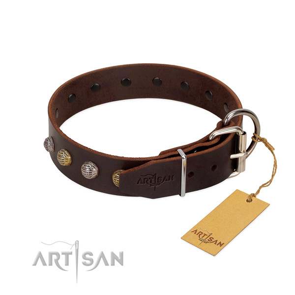 Fashionable natural leather dog collar with corrosion proof hardware