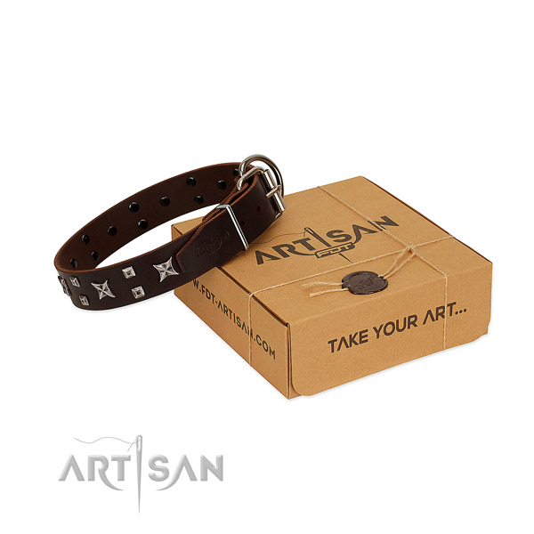 Impressive adorned full grain natural leather dog collar of best quality material