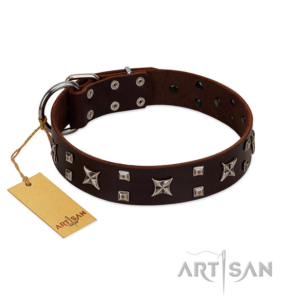 Reliable full grain genuine leather dog collar with decorations for walking