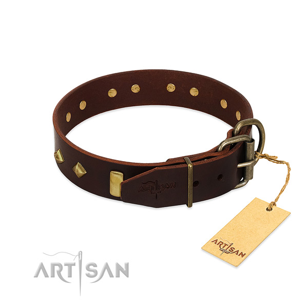 Genuine leather dog collar with corrosion resistant hardware for fancy walking