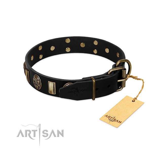 Leather dog collar with durable D-ring and decorations