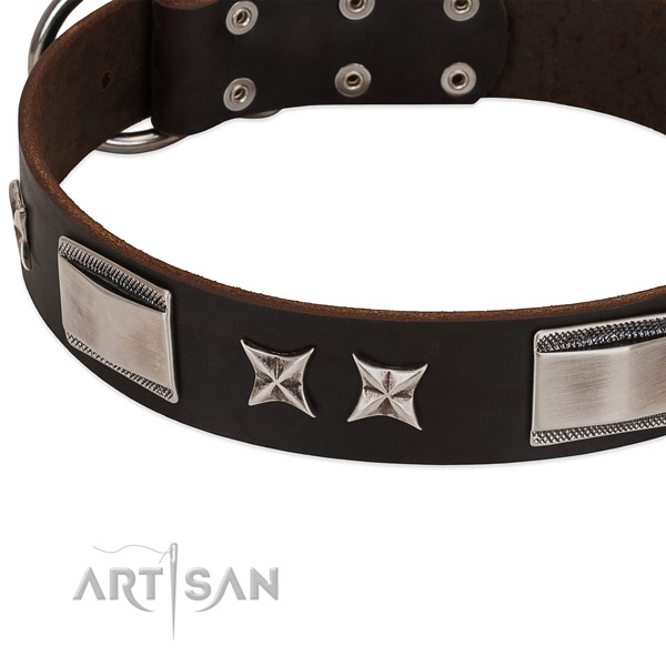 Reliable full grain genuine leather dog collar with corrosion proof fittings
