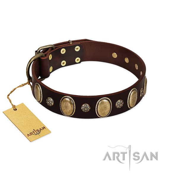 Fancy walking soft natural genuine leather dog collar with adornments