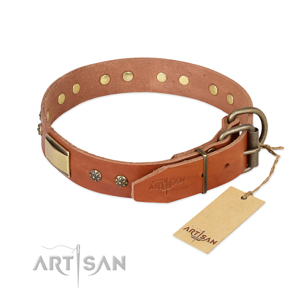 Handy use natural genuine leather collar with studs for your four-legged friend