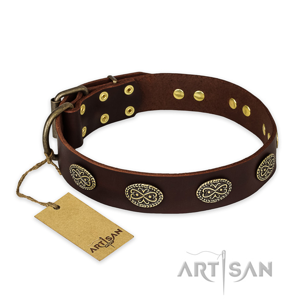 Daily use full grain genuine leather collar with decorations for your four-legged friend