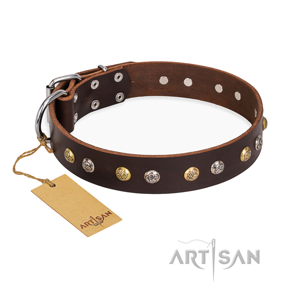 Trendy design decorations on full grain leather dog collar