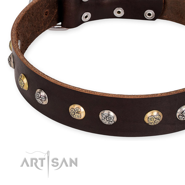 Easy to adjust leather dog collar with extra strong non-rusting buckle