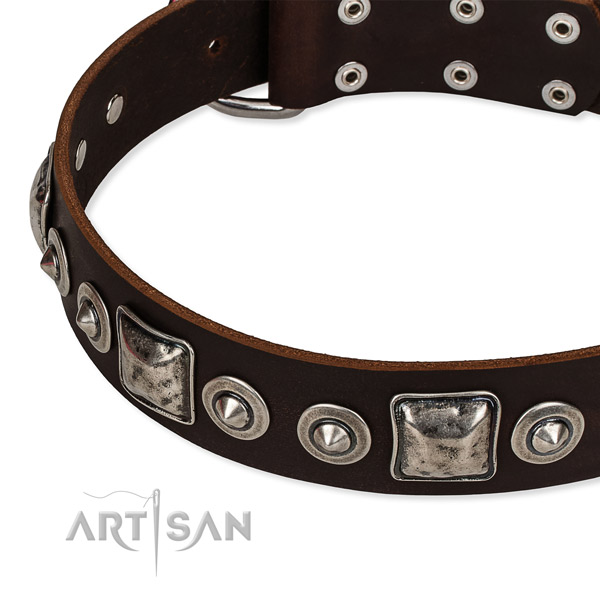 Adjustable leather dog collar with resistant to tear and wear durable fittings