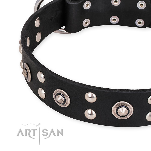Adjustable leather dog collar with extra strong non-rusting fittings