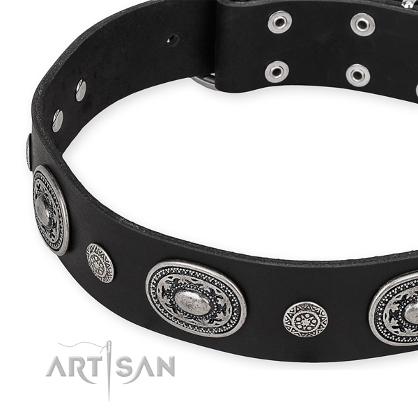 Easy to adjust leather dog collar with extra strong non-rusting buckle and D-ring