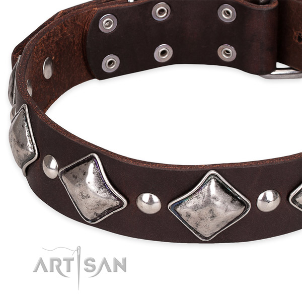 Easy to put on/off leather dog collar with resistant to tear and wear non-rusting fittings