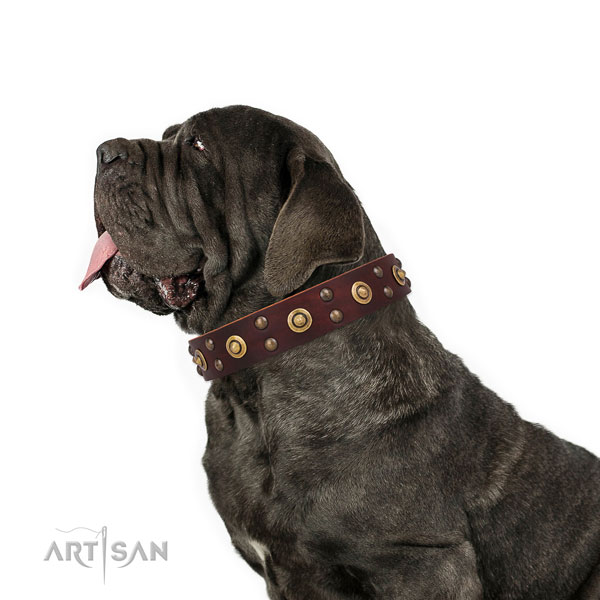 Mastiff fashionable full grain natural leather dog collar for everyday use title=Mastiff natural genuine leather collar with decorations for comfy wearing