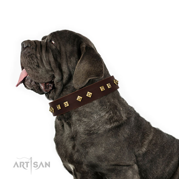 Mastiff stylish design full grain natural leather dog collar for stylish walking title=Mastiff natural genuine leather collar with decorations for fancy walking