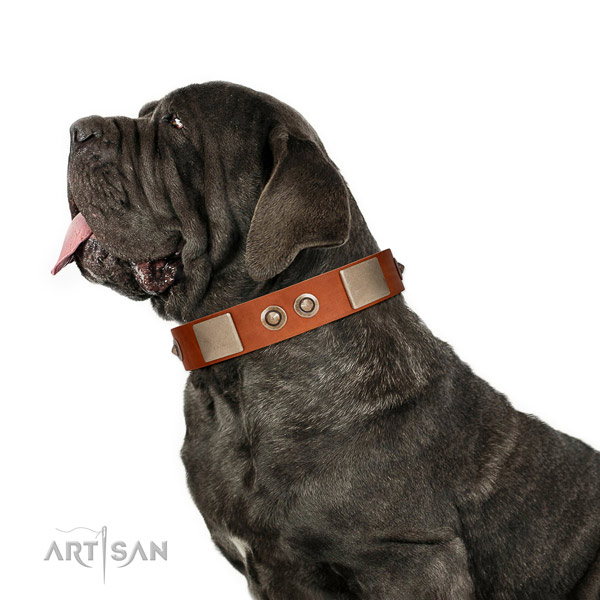 Corrosion resistant buckle on natural genuine leather dog collar for easy wearing